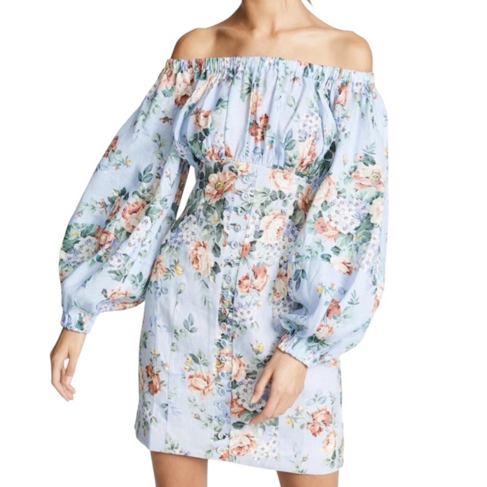 Zimmermann Bowie Off Shoulder Mini Dress, Lilac Floral Print, Sz. 3 (US 10)